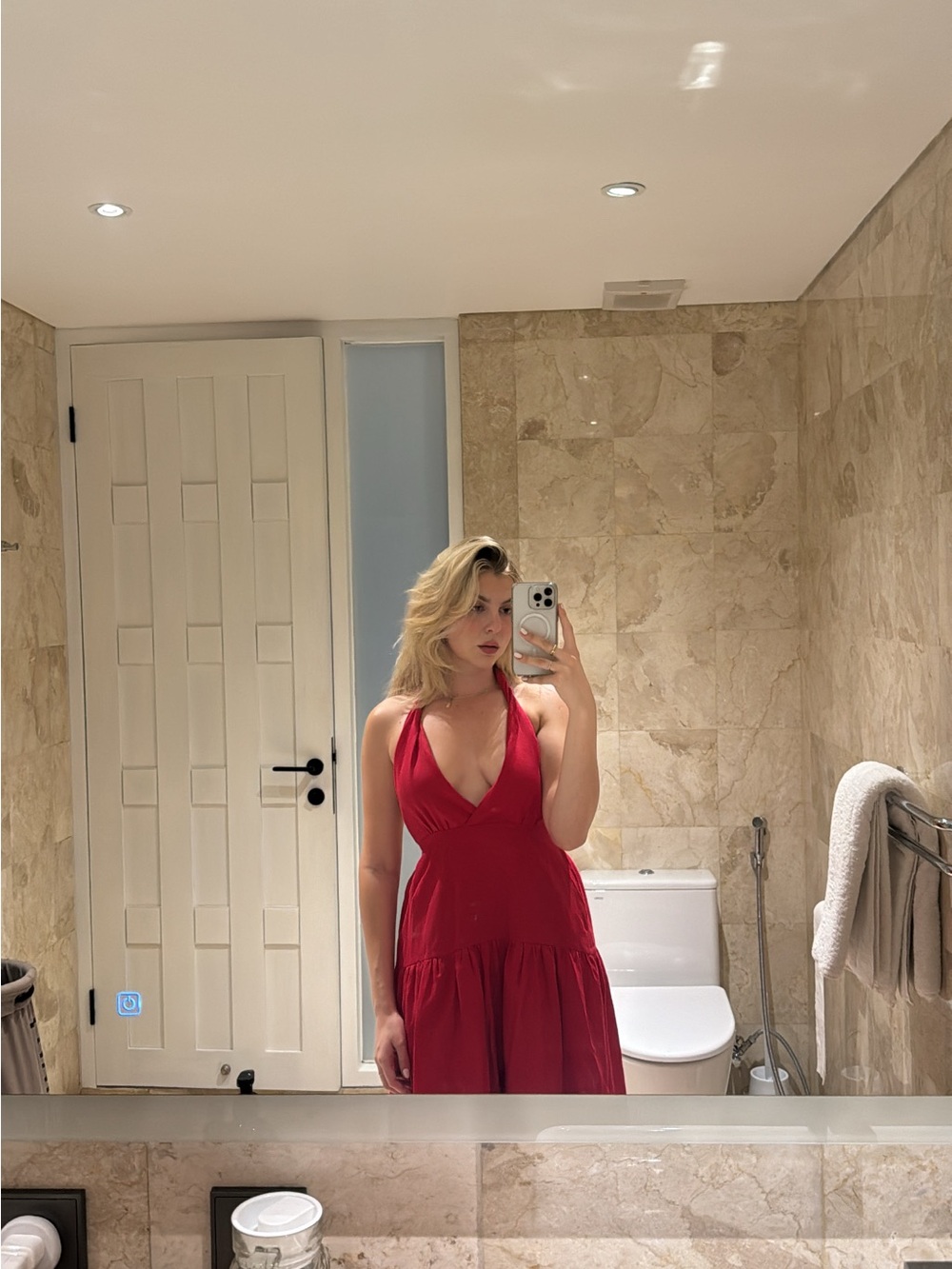 Red Halter V-Neck Midi Dress